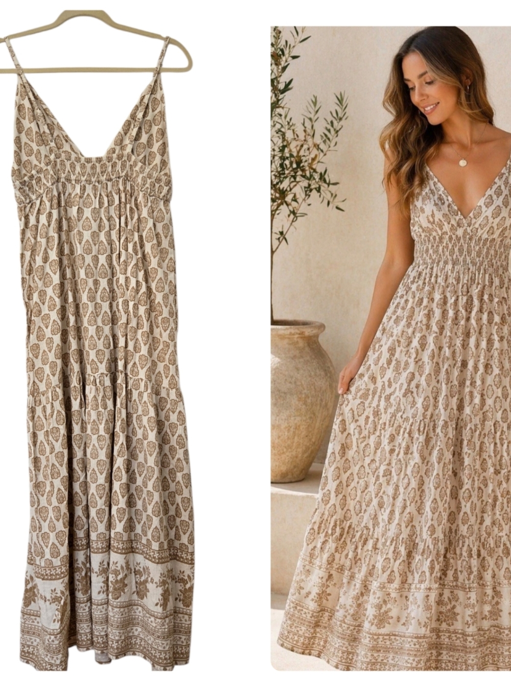 Sim & Sam Linen Blend Maxi Dress Long Boho Cream Print Flowy Beach Chic
